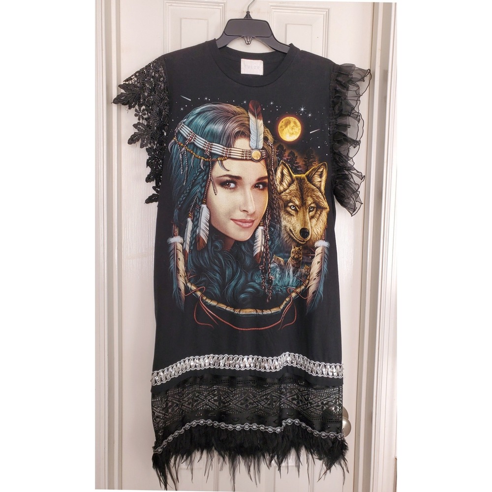 T-Shirt Dress Black Wolf Moon Graphic Lace Feather Trim Boho Mini M/L
